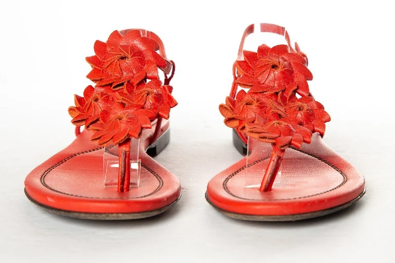 Luxury Shoes Clearance Bottega Veneta Red Leather Floral Sandals 35.5 Sale