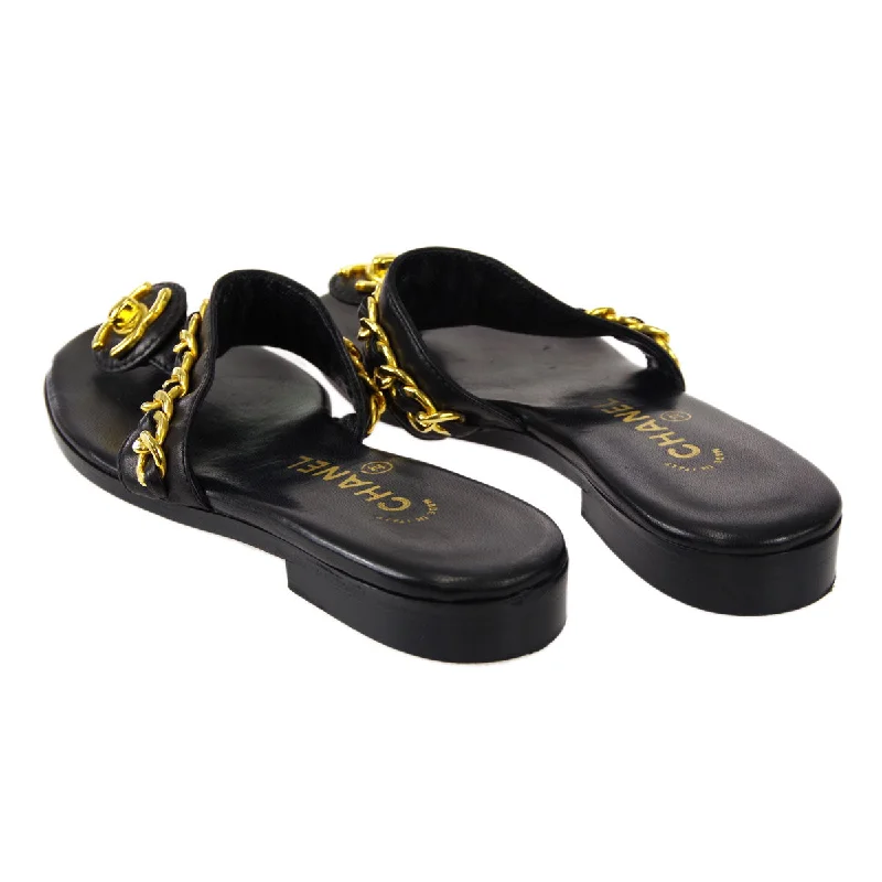 Affordable Shoe Fashion Chanel * Black Lambskin Turnlock Sandals Shoes #39