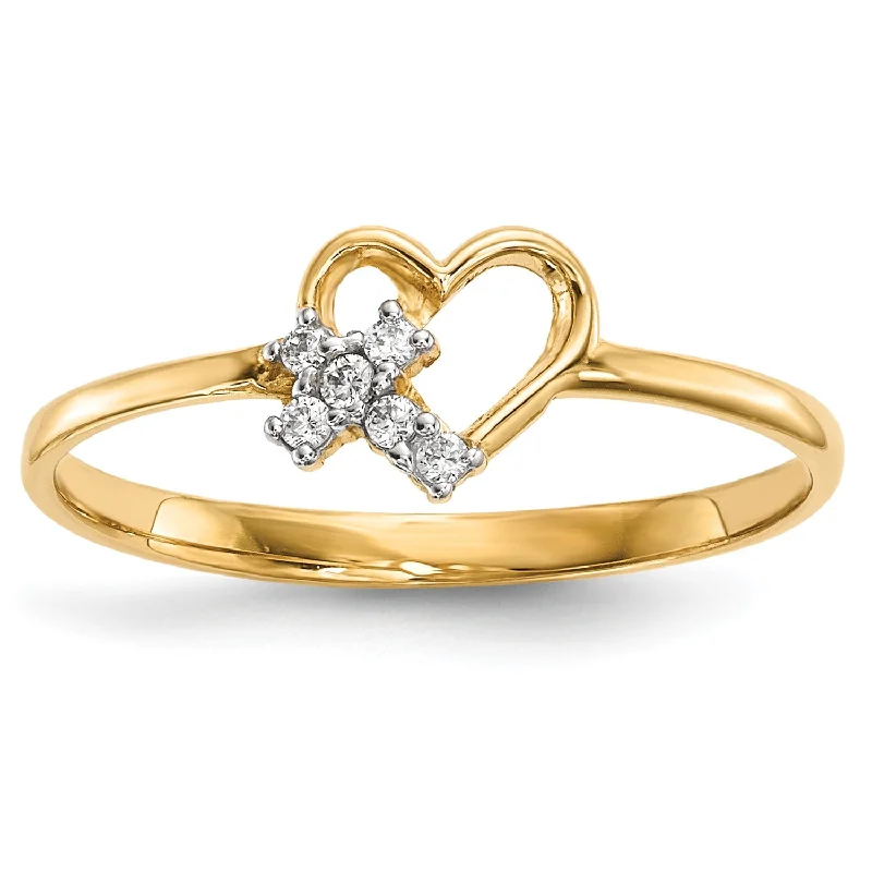Romantic Heart-Shaped Jewelry For Special Gifts 14KT Yellow Gold Cubic Zirconia Heart Cross Ring; Size 7