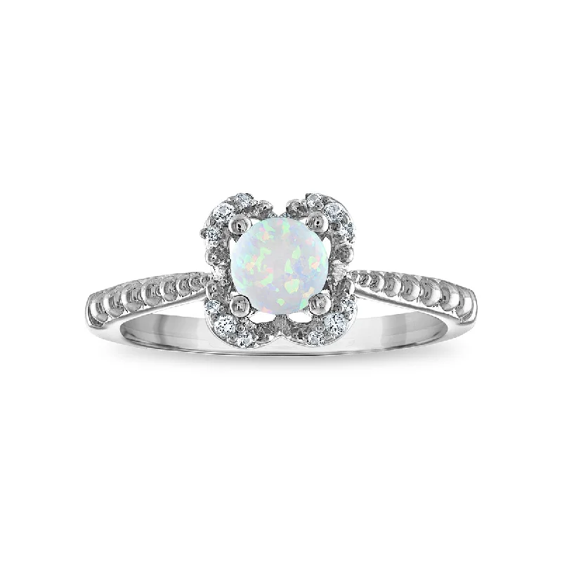 Exclusive Jewelry Bundles At Discounted Rates 5MM Round Opal and White Sapphire Birthstone Flower Halo Ring in Sterling Silver Exclusive Jewelry Bundles At Discounted Rates 5MM Round Opal and White Sapphire Birthstone Flower Halo Ring in Sterling Silver