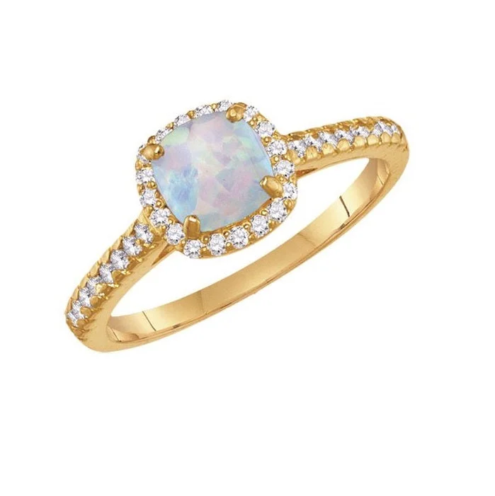 Affordable Glamour – Premium Jewelry At Special Prices 6MM Cushion Opal and White Sapphire Birthstone Ring in 10KT Yellow Gold Affordable Glamour – Premium Jewelry At Special Prices 6MM Cushion Opal and White Sapphire Birthstone Ring in 10KT Yellow Gold