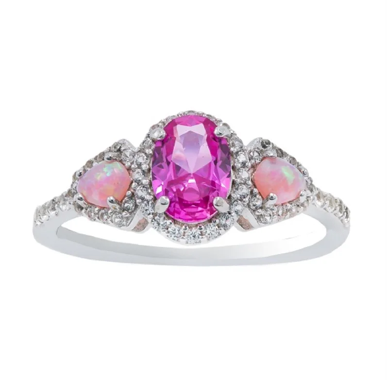 Flash Jewelry Sale – Get Stunning Pieces At Low Prices 7X5MM Oval Pink Sapphire and Opal Three Stone Ring in Sterling Silver