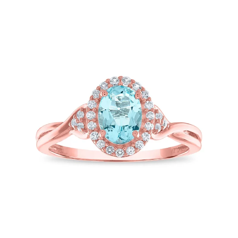 Modern Jewelry At Exclusive Discounts – Shop Today 7X5MM Simulated Aquamarine and White Sapphire Ring in 10KT Rose Gold Modern Jewelry At Exclusive Discounts – Shop Today 7X5MM Simulated Aquamarine and White Sapphire Ring in 10KT Rose Gold