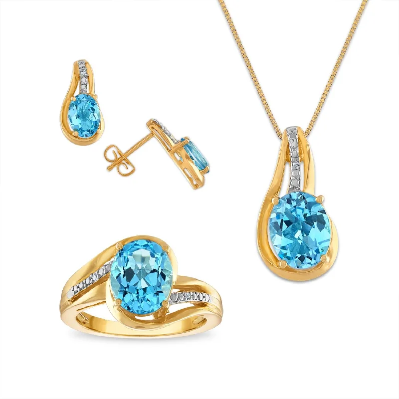 Dazzle With Discounts – Shop Jewelry On Sale Blue Topaz & White Sapphire Ring Pendant Earrings Set in Gold Plated Silver