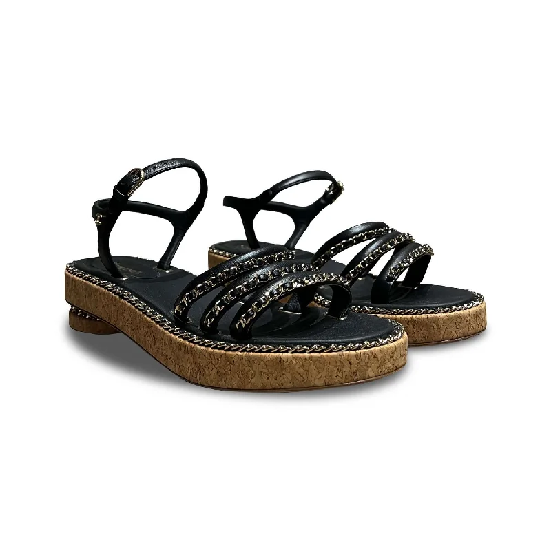 Outdoor Shoes Sale Chanel black chain leather sandals cork sole