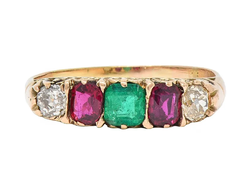 Personalized Engraved Jewelry For Meaningful Gifts Victorian 1.10 CTW Ruby Emerald Diamond 14 Karat Yellow Gold Antique Five Stone Band Ring