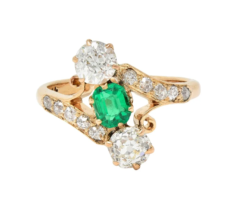 Your Dream Jewelry At Dream Prices Victorian 1.66 CTW Emerald Diamond 14 Karat Yellow Gold Antique Bypass Ring