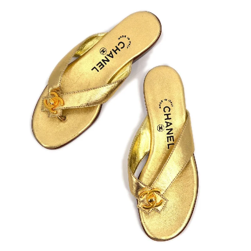 Comfortable Women's Shoes CHANEL Gold Lambskin Turn-Lock Sandals Shoes #36