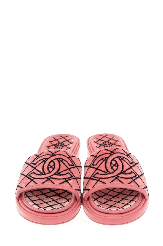 Best Women's Shoe Deals Chanel Pink & Black Velvet Fur CC Mule Sandals SZ 37.5 NWT
