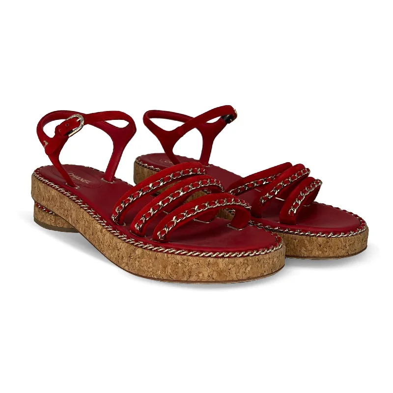 Women's Walking Shoes Chanel red designer cork sandals with gold stitching