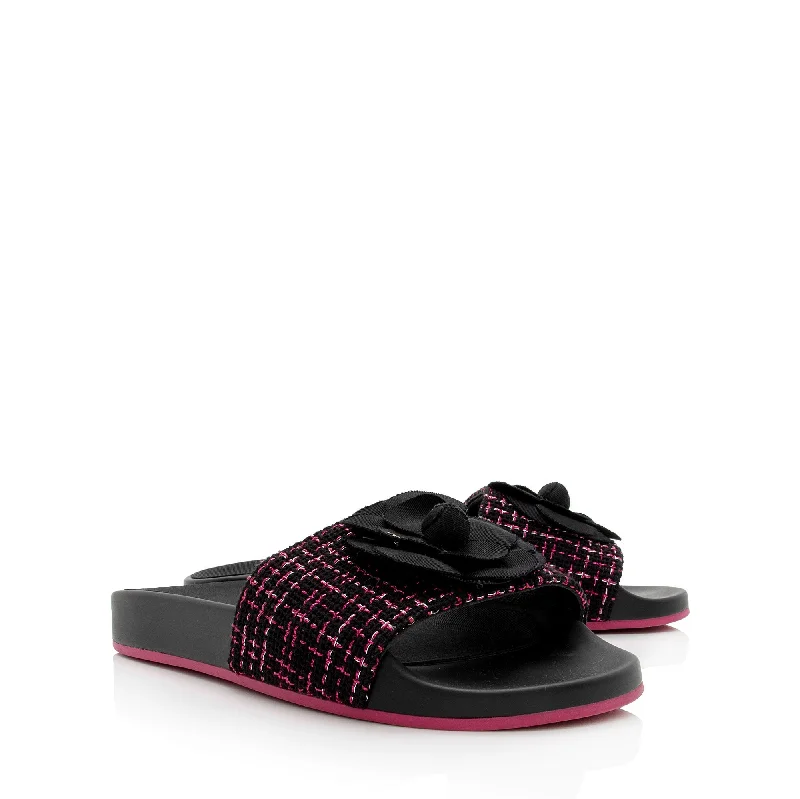 Modern Flat Shoes Offers Chanel Tweed And Grosgrain Ribbon Camellia Slide Sandals - Size 8 / 38 (SHF-MS8WJl)