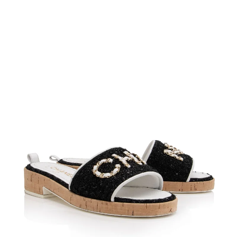 Comfortable Dressy Flats Offers Chanel Tweed Cork CC Chain Slide Sandals - Size 7 / 37 (SHF-qq7zL1)