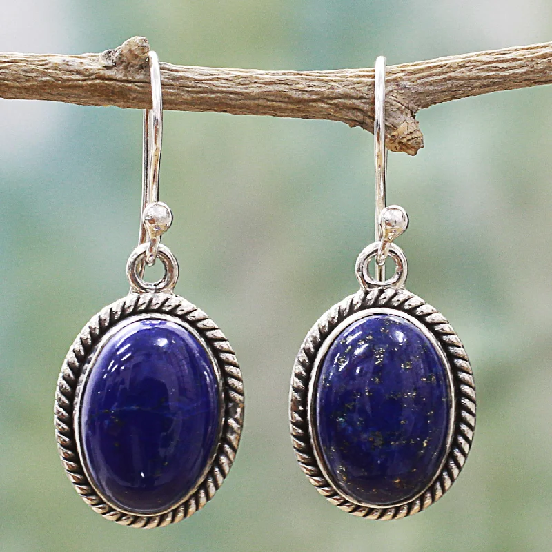 Modern Statement Jewelry For Bold Styling Deep Blue Grandeur Oval Lapis Lazuli and Sterling Silver Dangle Earrings