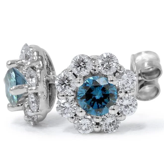 Shop High-Quality Jewelry At Jaw-Dropping Discounts 1 1/2ct Halo Fire Blue & White Diamond Studs 14K White Gold
