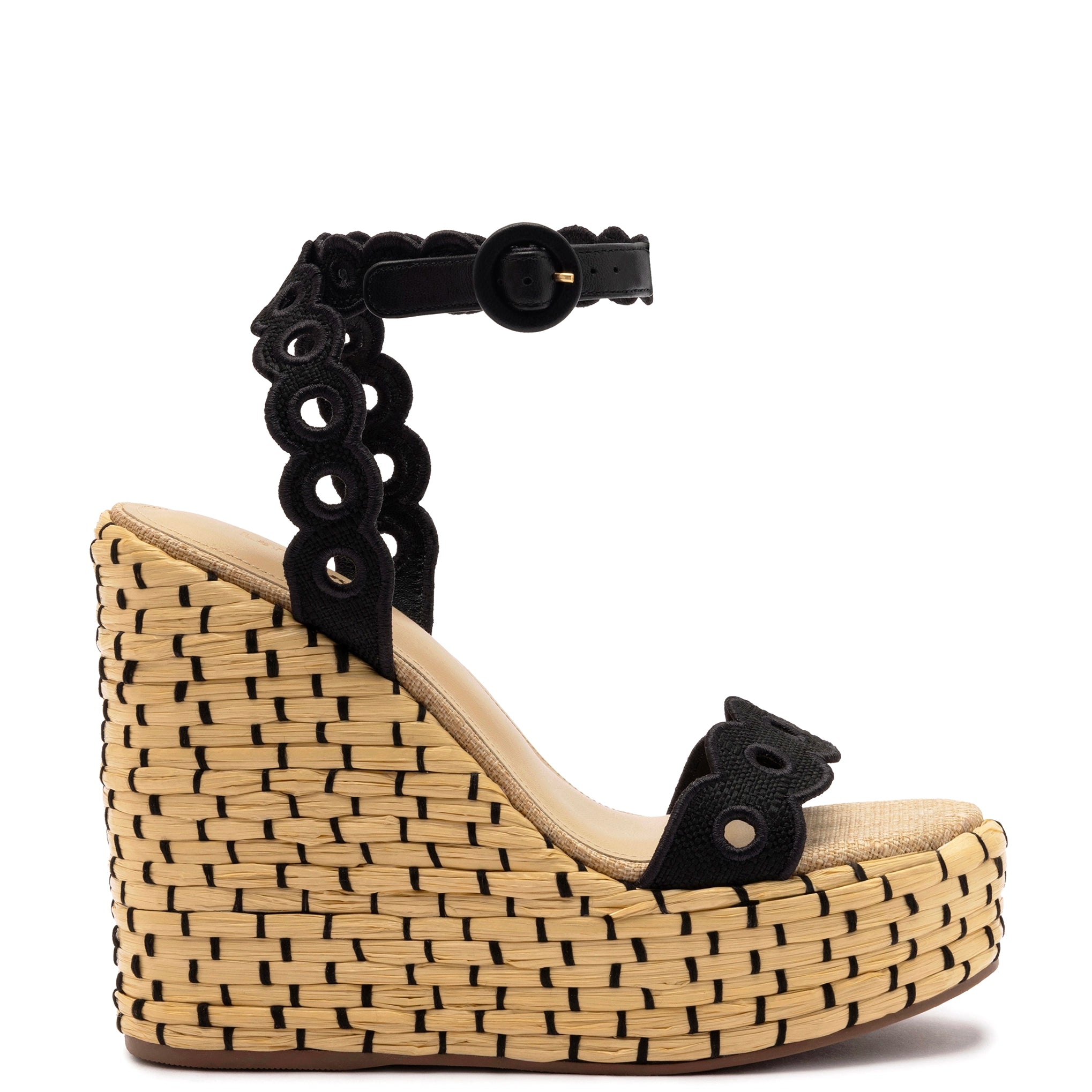 Urban Style Promotions Florence Broderie Wedge In Beige and Black Raffia