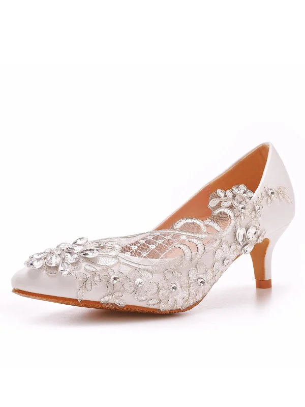 Comfortable Casual Shoes Women's Wedding Shoes Rhinestone Lace Flowers Kitten Heels
