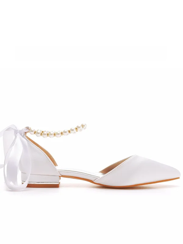 Chic Breathable Shoes Pearl Ribbon Tie Satin Pointed Toe Flat Heel