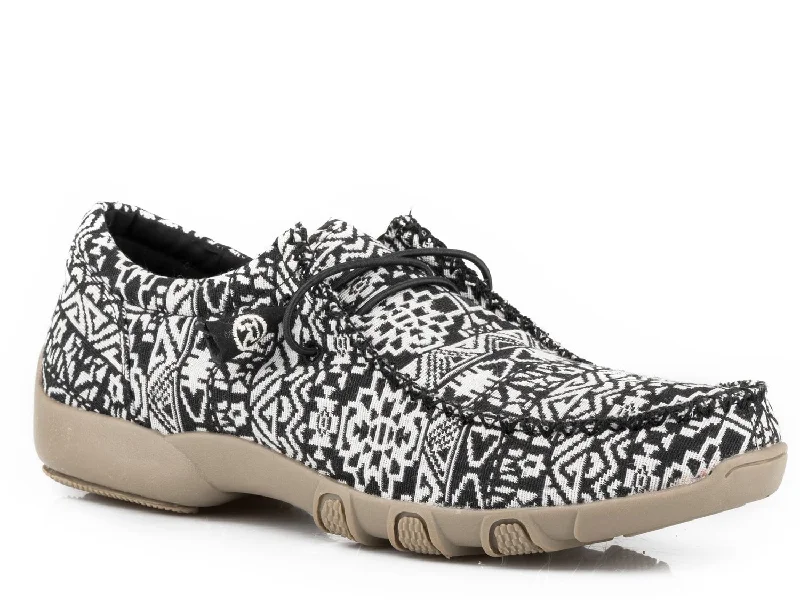 Women's Trendy Boots Roper Womens Black Fabric Chillin Aztec 2 Eye Loafer Shoes