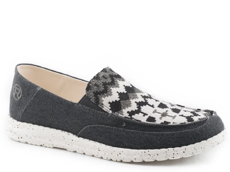 Women's Breathable Flats Roper Womens Black Fabric Hang Loose Slip On Aztec Loafer Shoes