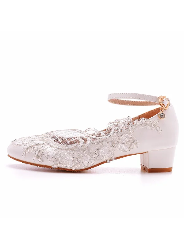 Comfortable Shoes Round Toe Lace Ankle Strap Chunky Heel Wedding Shoes