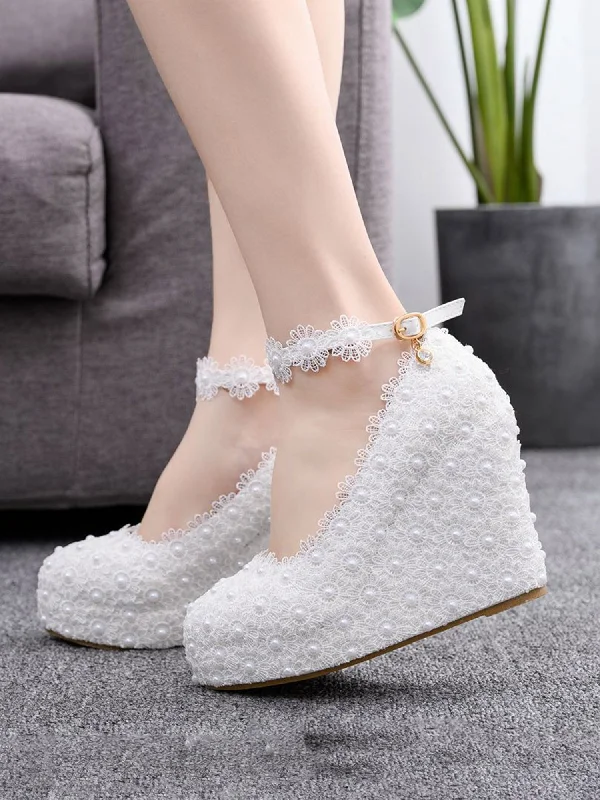 Comfortable Flats Round Toe Lace Flower Ankle Strap Wedge Heel Wedding Shoes