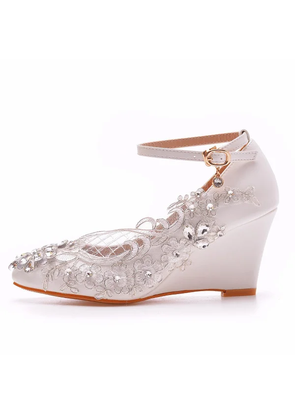All-Day Comfort Shoes Round Toe Lace Rhinestones Ankle Strap Wedge Heel Wedding Shoes