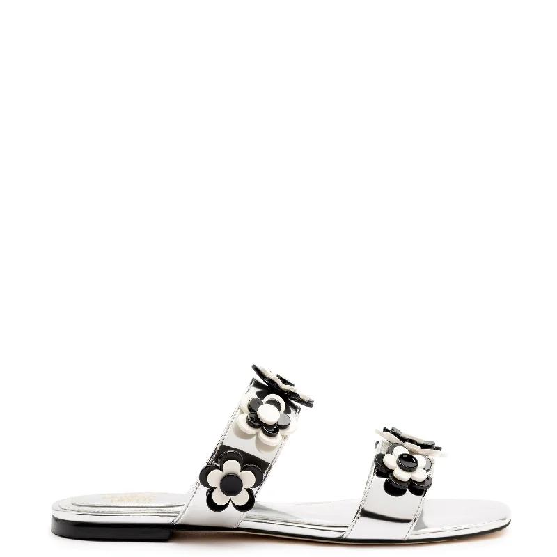 High-Quality Casual Shoes Larroudé x Gabriela Noelle: Blossom Flat Sandal In Silver Specchio and Black and White Acrylic