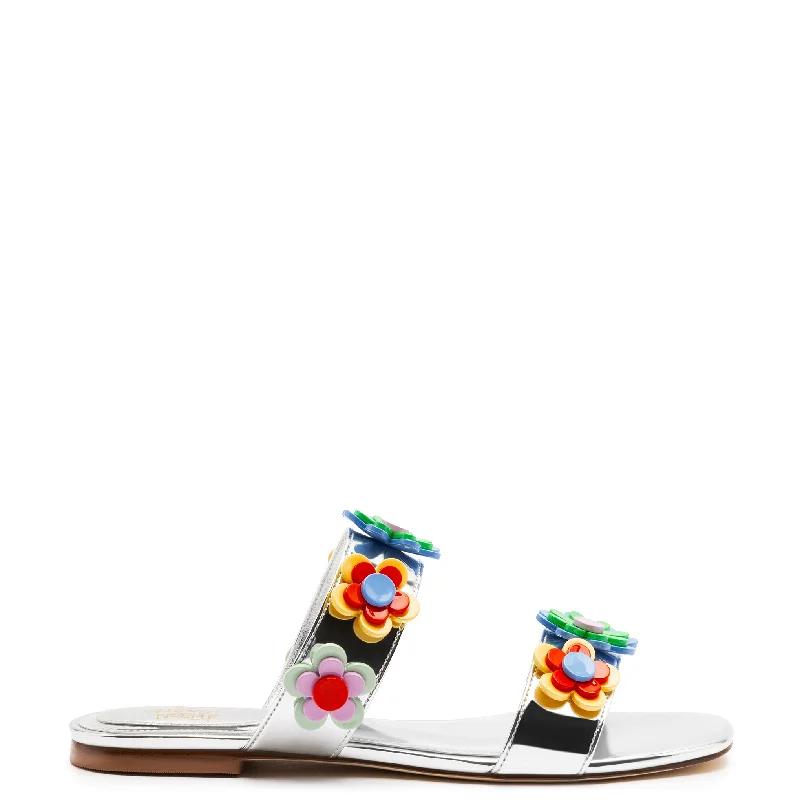 Soft Sole Casual Shoes Larroudé x Gabriela Noelle: Blossom Flat Sandal In Silver Specchio and Multicolor Acrylic