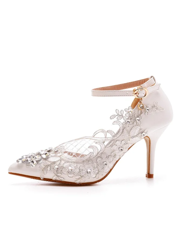 Lightweight Shoes White Pointed Toe lace Rhinestone Ankle Strap High Heel