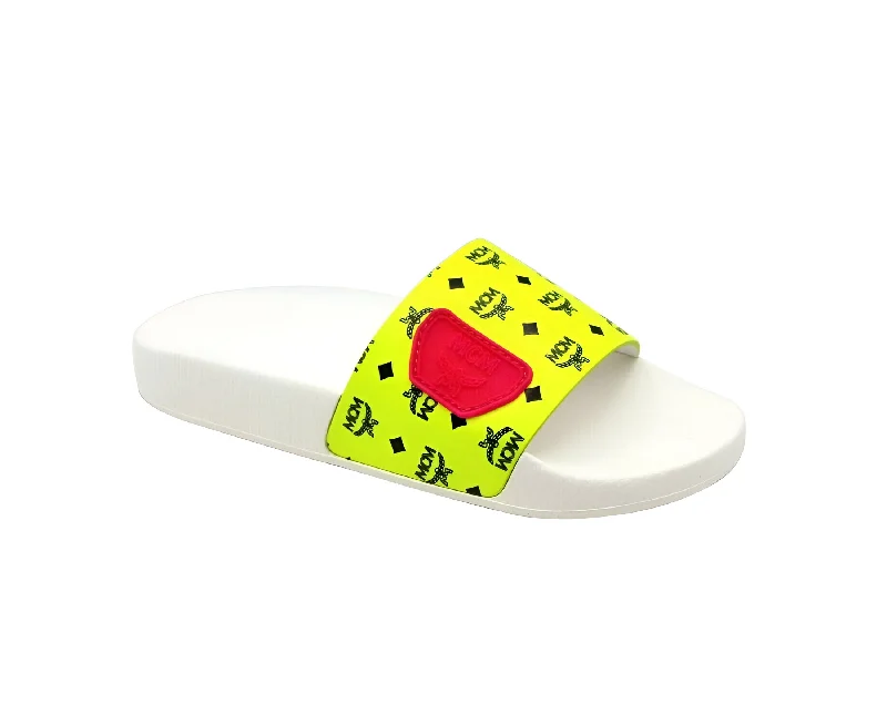 Stupidly Low Prices MCM Women's White / Neon Yellow Logo Leather Rubber Slides Sandals (36 EU / 6 US) Stupidly Low Prices MCM Women's White / Neon Yellow Logo Leather Rubber Slides Sandals (36 EU / 6 US)