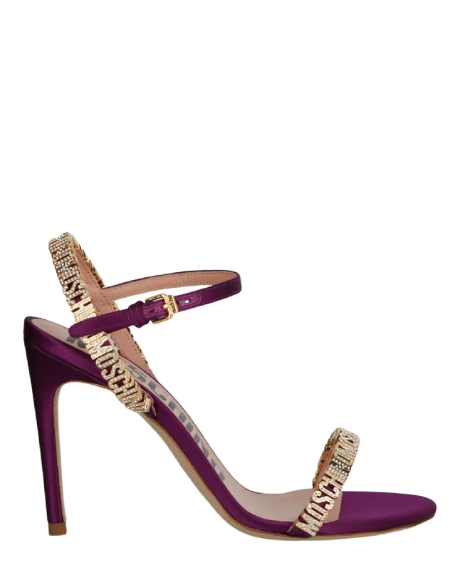 Seasonal Footwear Sale Moschino Womens Crystal Embellished Logo Satin Heel Sandals