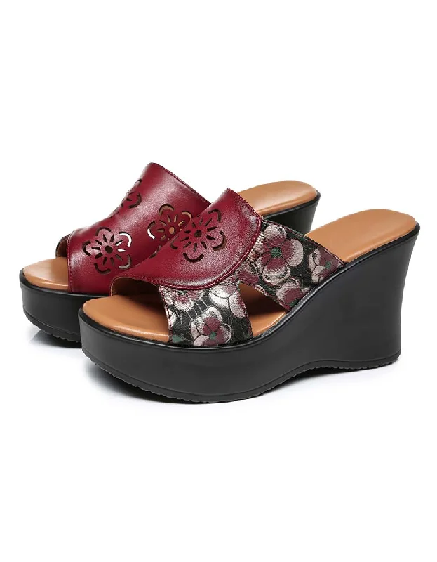 Breathable Shoes Discount Ethnic Style Printed Leather Fish-Toe Wedge Slippers