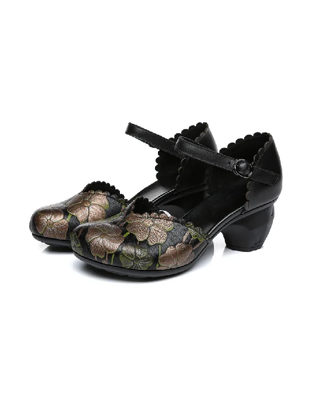 Latest Fashion Flower Printed Leather Ankle Strap Chunky Heels