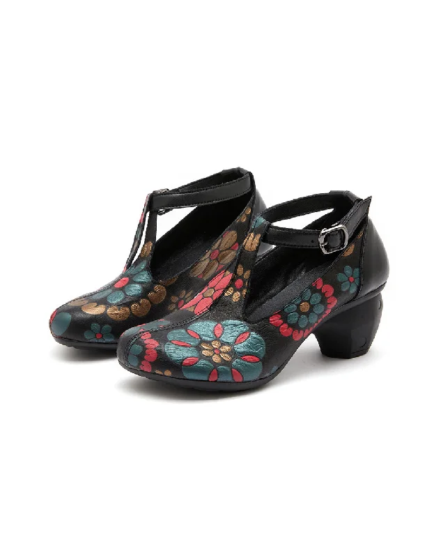 Evening Elegance Flower Printed Leather T-strap Chunky Heels