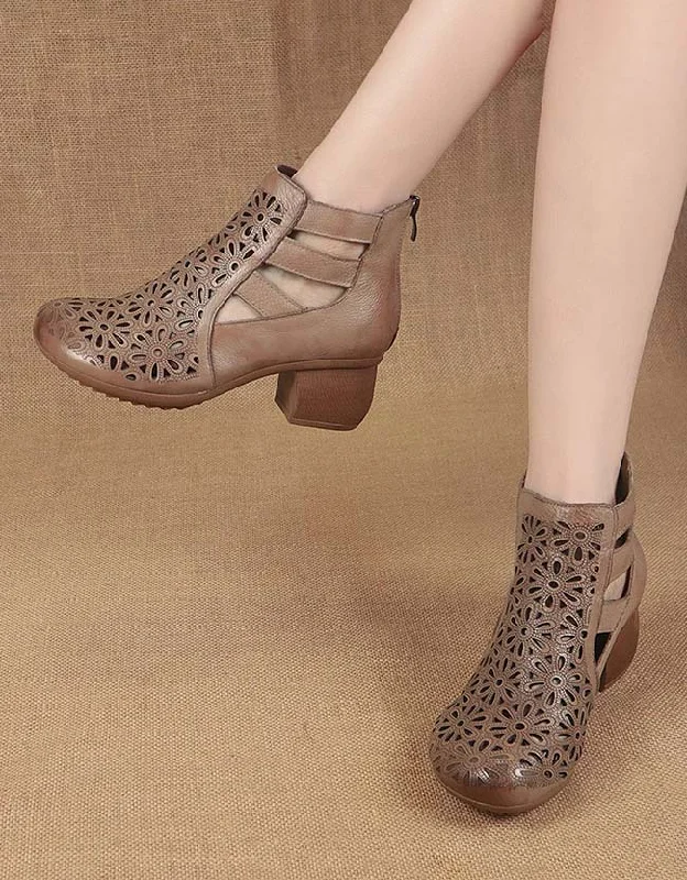 Vintage-Inspired Style Offers Handmade Retro Leather Hollow Chunky Heels Sandals