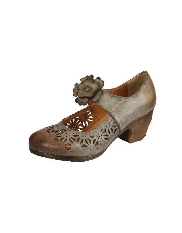 Soft Sole Shoes Discount Handmade Retro Leather Hollow Flower Chunky Heels