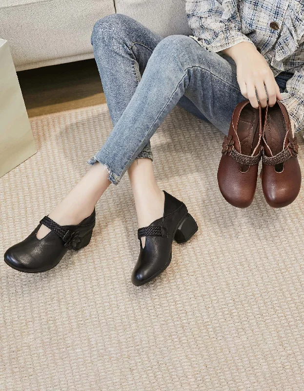 Functional Comfort Shoes Deals Handmade Retro Leather Spring Chunky Shoes