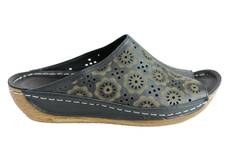 Chic Styles Orizonte Lisa Womens European Leather Comfort Low Wedge Slide Sandals