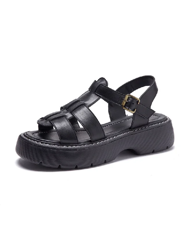 Comfortable Outdoor Shoes Real Leather Thick Heel Vintage Woven Sandals