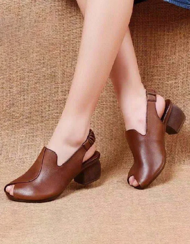 Fashion Sale Retro Leather Slingback Fish Toe Chunky Heel Sandals