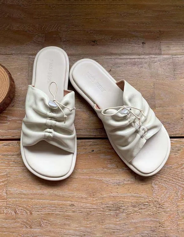 Limited Styles Retro Leather Summer Slippers Beige