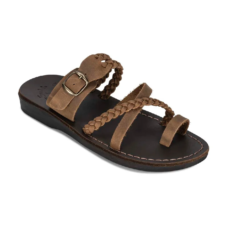 Summer Fashion Sophia Buckle - Leather Braided Slide Sandal | Oiled Brown