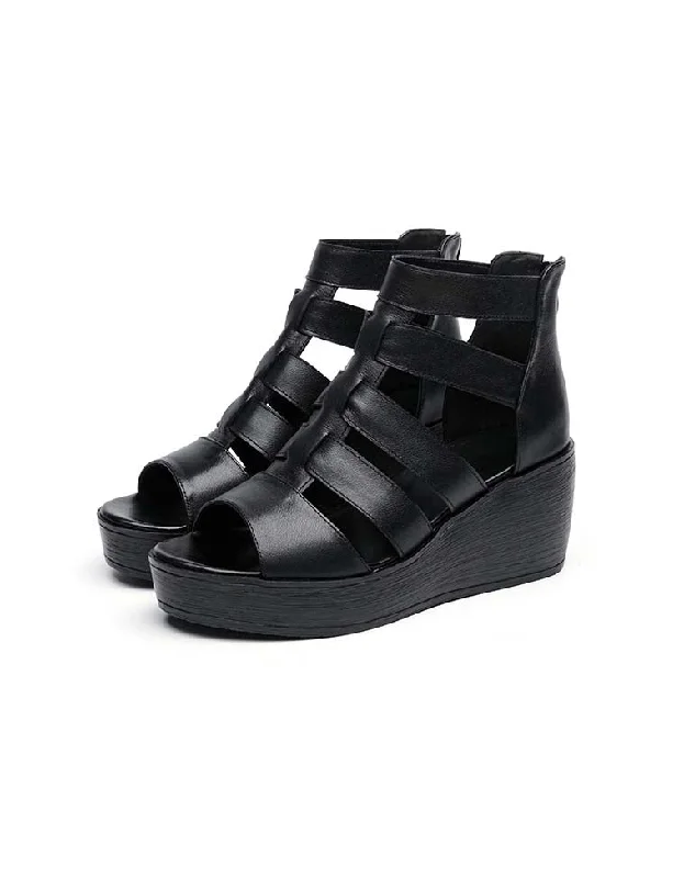 Daring Fashion Promotions Summer Retro Leather Wedge Strappy Sandals