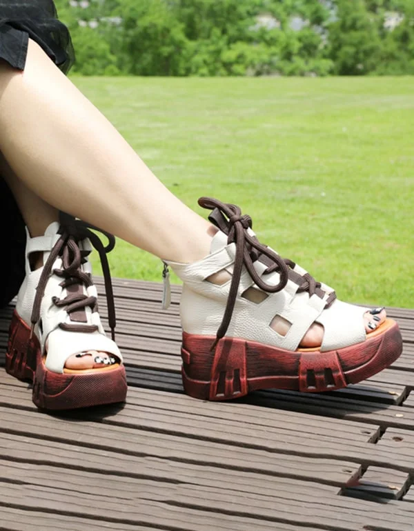 Modern Chic Discounts Summer Lace-up Cut-out Retro Platform Sandals