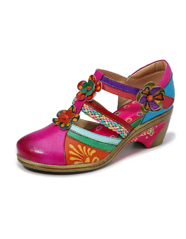 Luxury Fashion Vintage Flower Cutout Chunky Mary Jane Sandals