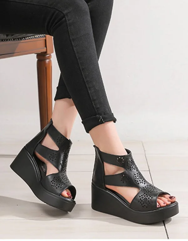 Timeless Elegance Sale Women Handmade Retro Cut-out Wedge Ankle Sandals
