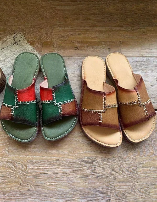 Special Offer For You Women's Color-stitching Leather Retro Slippers