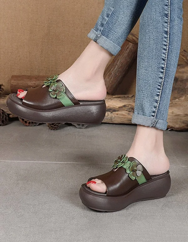 Unleash Your Fashion Women's Handmade Flower Retro Wedge Slides 35-44