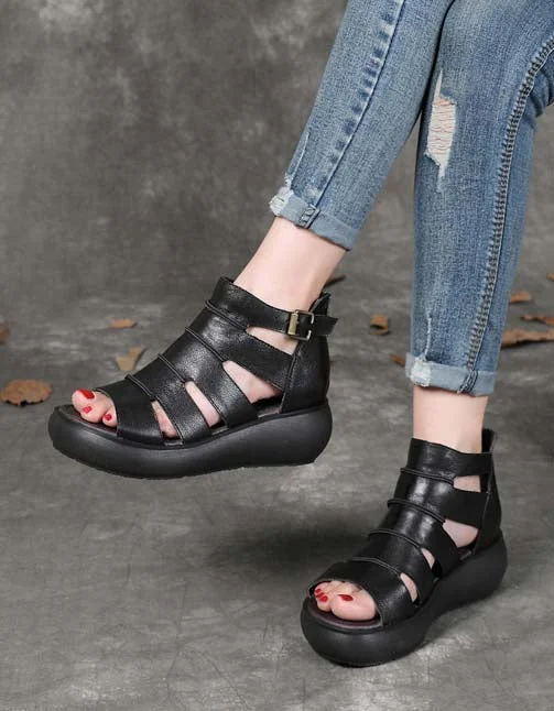 Cozy Winter Boots Promotion Women's Retro Leather Ankle Strap Sandals Black