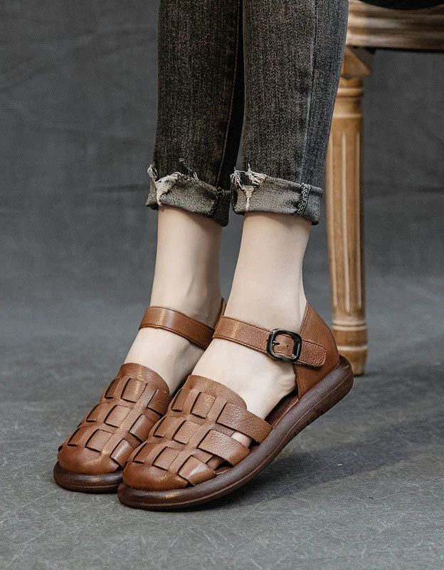 Catch Every Fashion Trend Round Toe Soft Leather Woven Flat Sandals